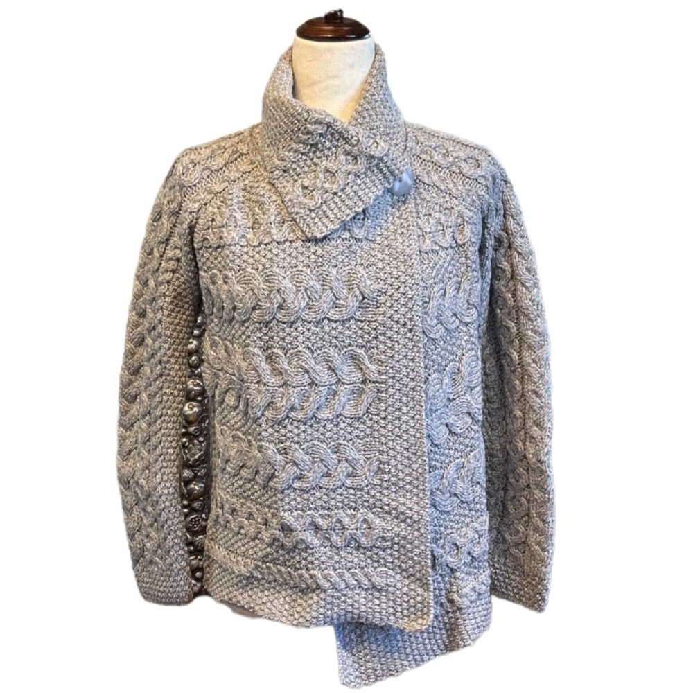 Aran Mor Merino Wool Cable Knit One Button Cardigan Sweater